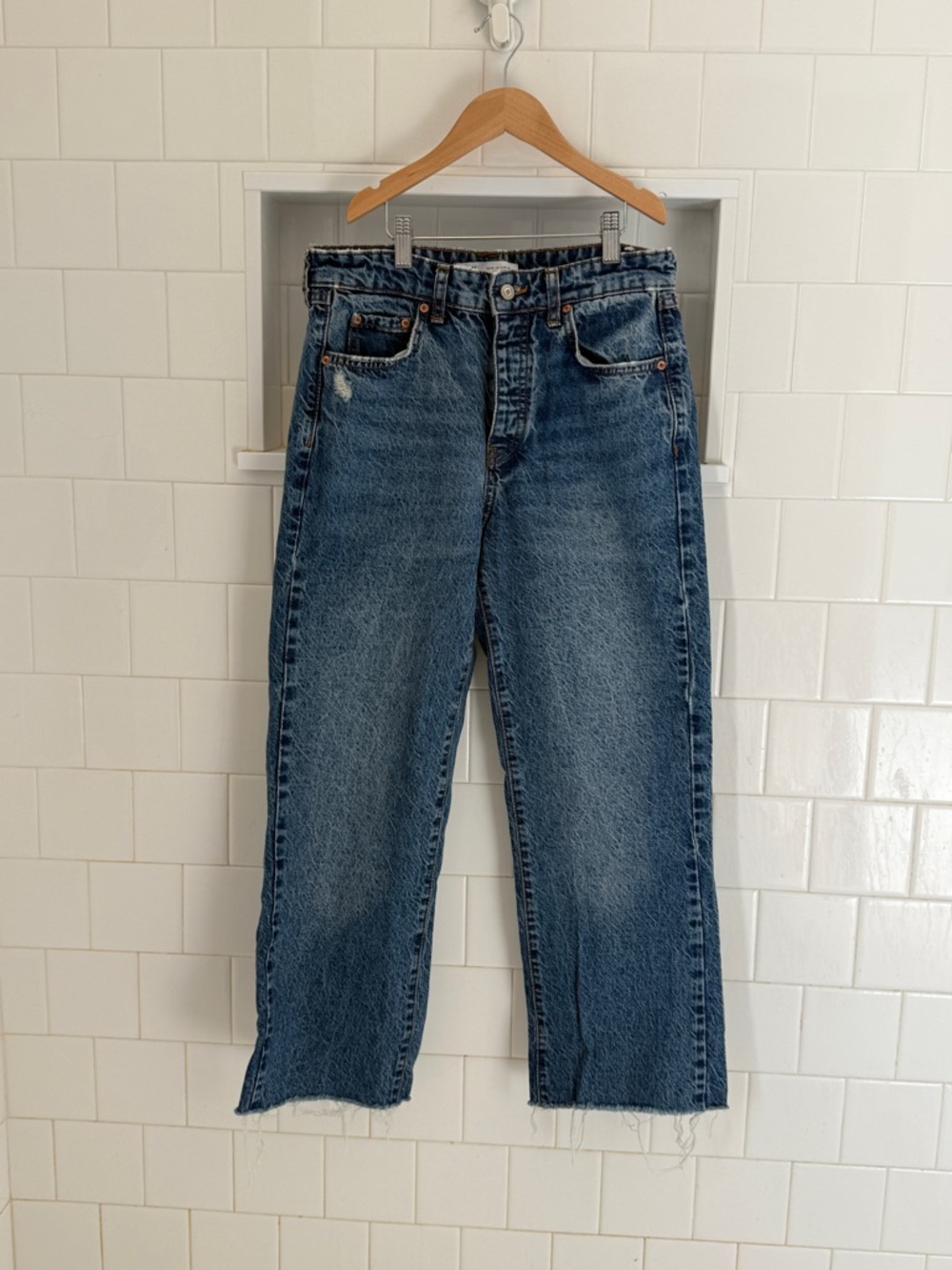 Zara High-Rise Cropped Straight Leg Jeans - Blue Denim